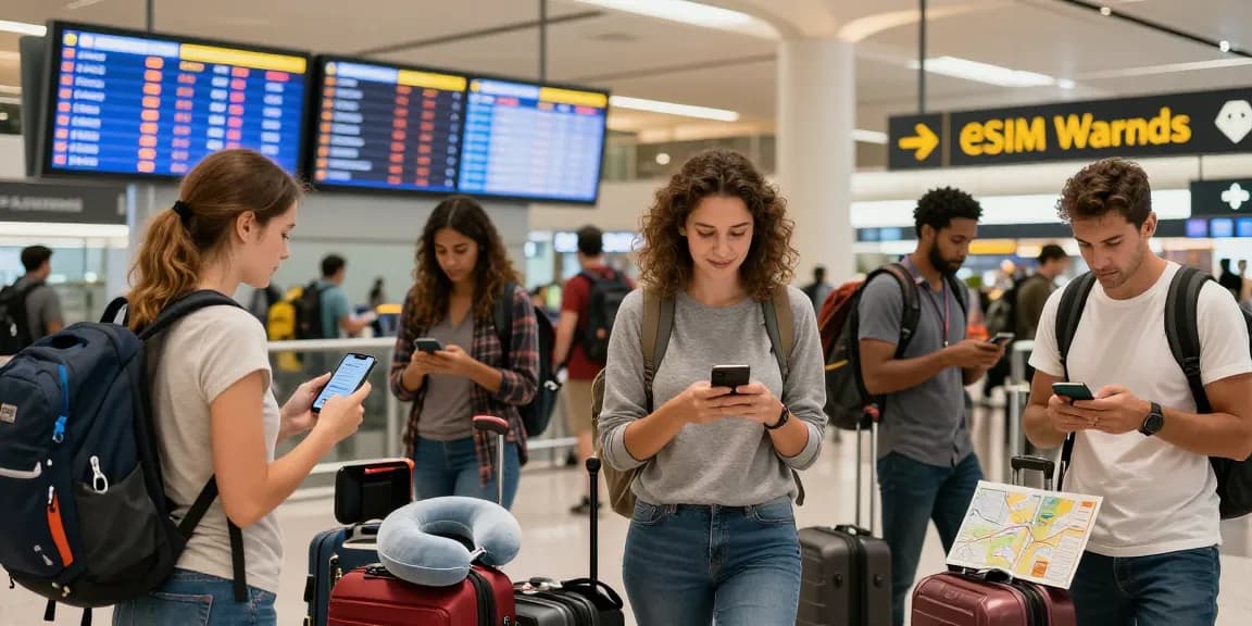 Travelers comparing bne esim coupons at an airport, highlighting connectivity options and deals.