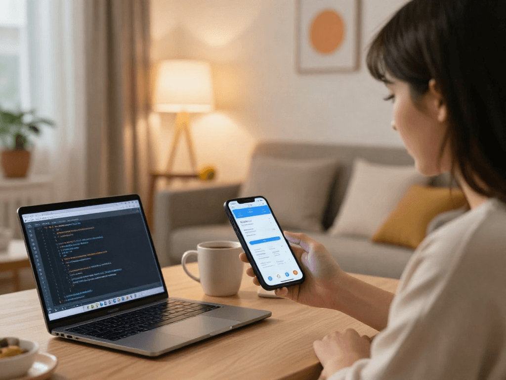 AI girlfriend chat on smartphone in a cozy apartment setting