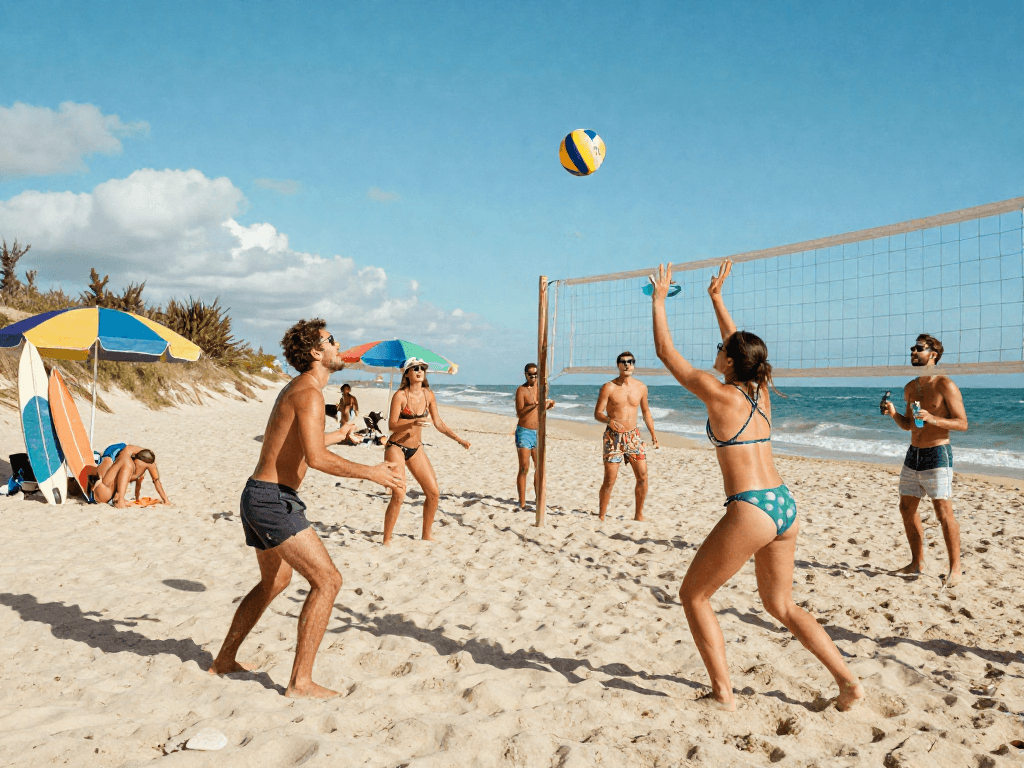Friends enjoying BIKINISLOT beach day with volleyball and surfboards.