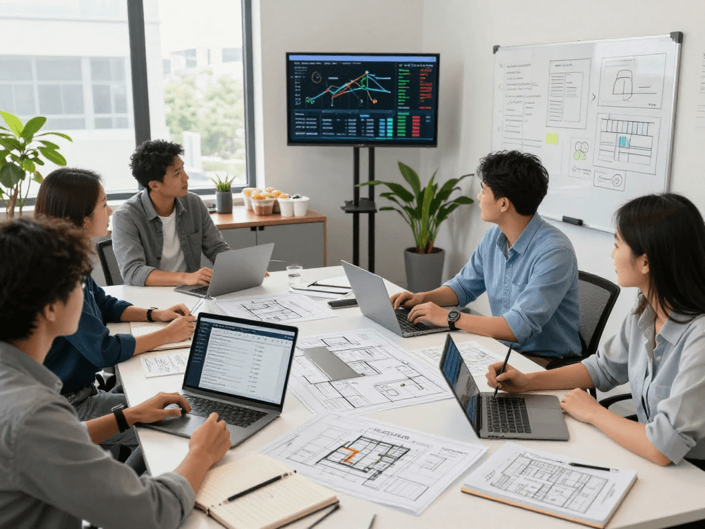 Team collaborating on IDXSTAR real estate strategies in a vibrant office.