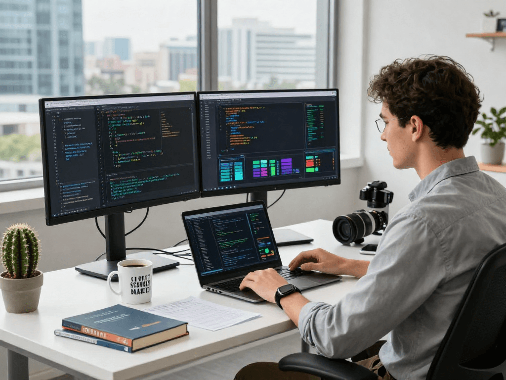 Developer creating innovative AI +18 application in modern workspace