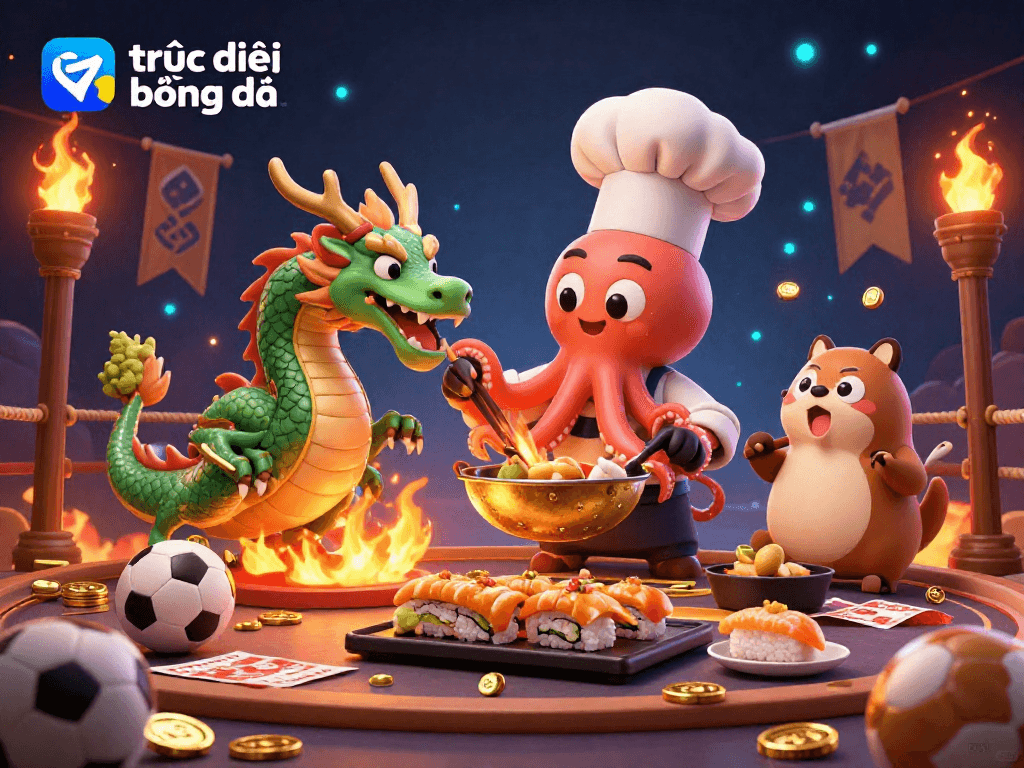 Experience trực tiếp bóng đá with a lively 3D scene showcasing betting excitement and dynamic characters.
