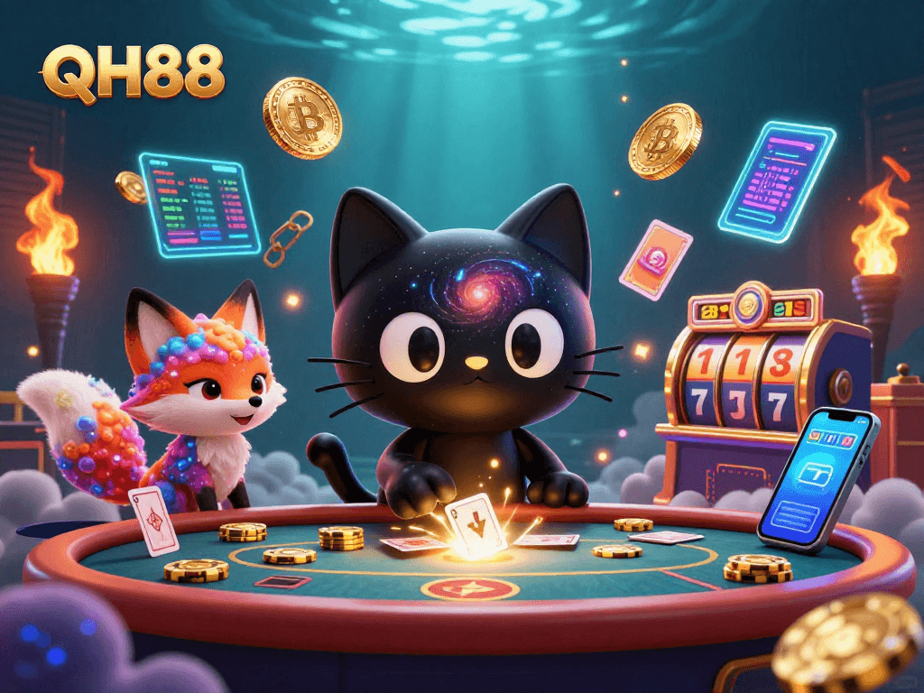 Engage with QH88 in a vibrant 3D cosmic casino scene, showcasing gaming charm and crypto elements.