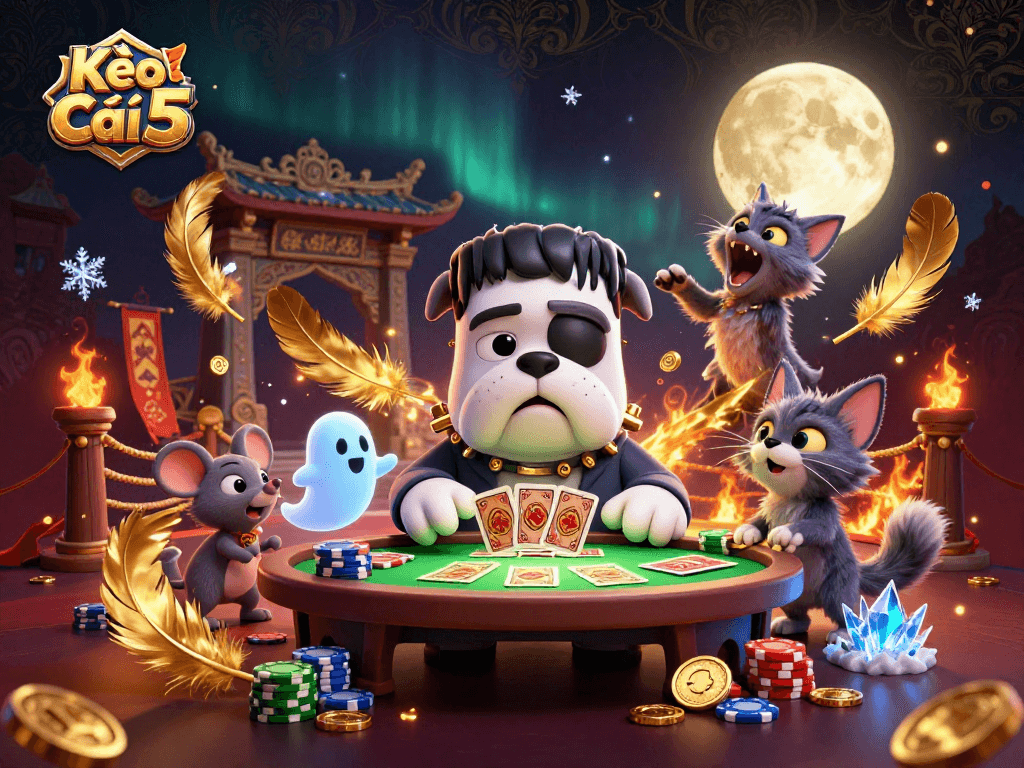 Kèo Nhà Cái 5 showcases a lively scene with a Frankenstein bulldog dealer, ghost mouse, and werewolf kitten capturing the essence of gambling excitement.