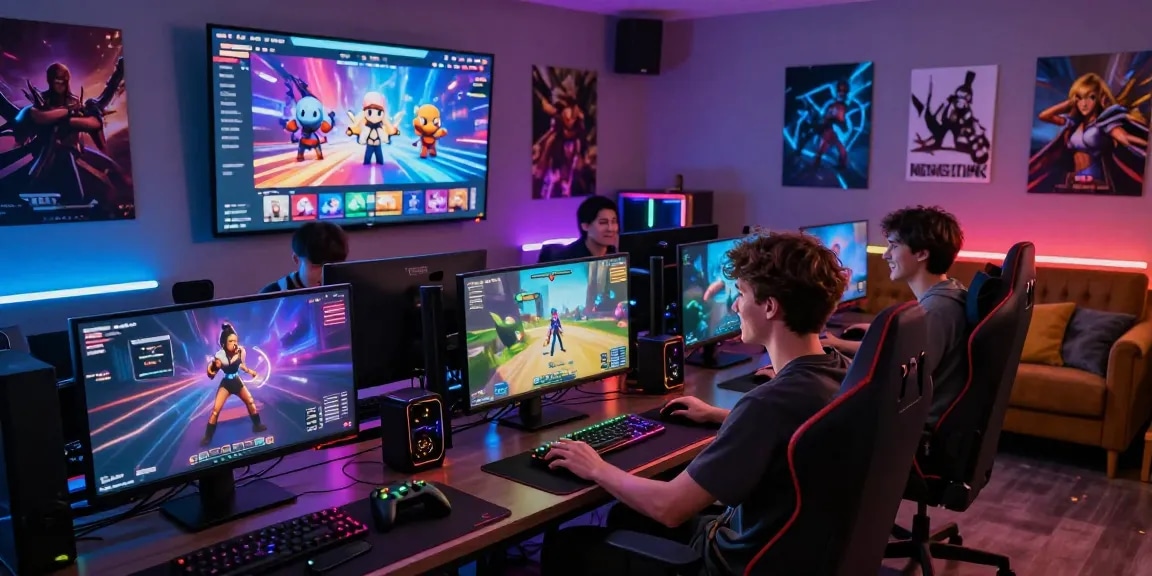 Group enjoying xxx games in a colorful gaming room with dynamic animations.