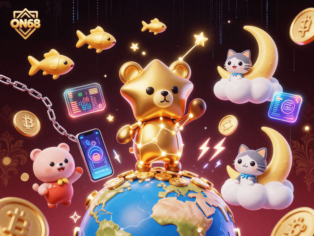 Experience the thrill of ON68 with a vibrant 3D illustration showcasing gaming and crypto elements.