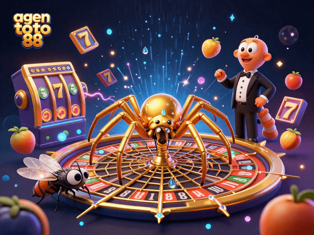 Bet on exciting outcomes at agen toto 88 with alluring 3D illustrations of golden roulette webs and vibrant gaming elements.