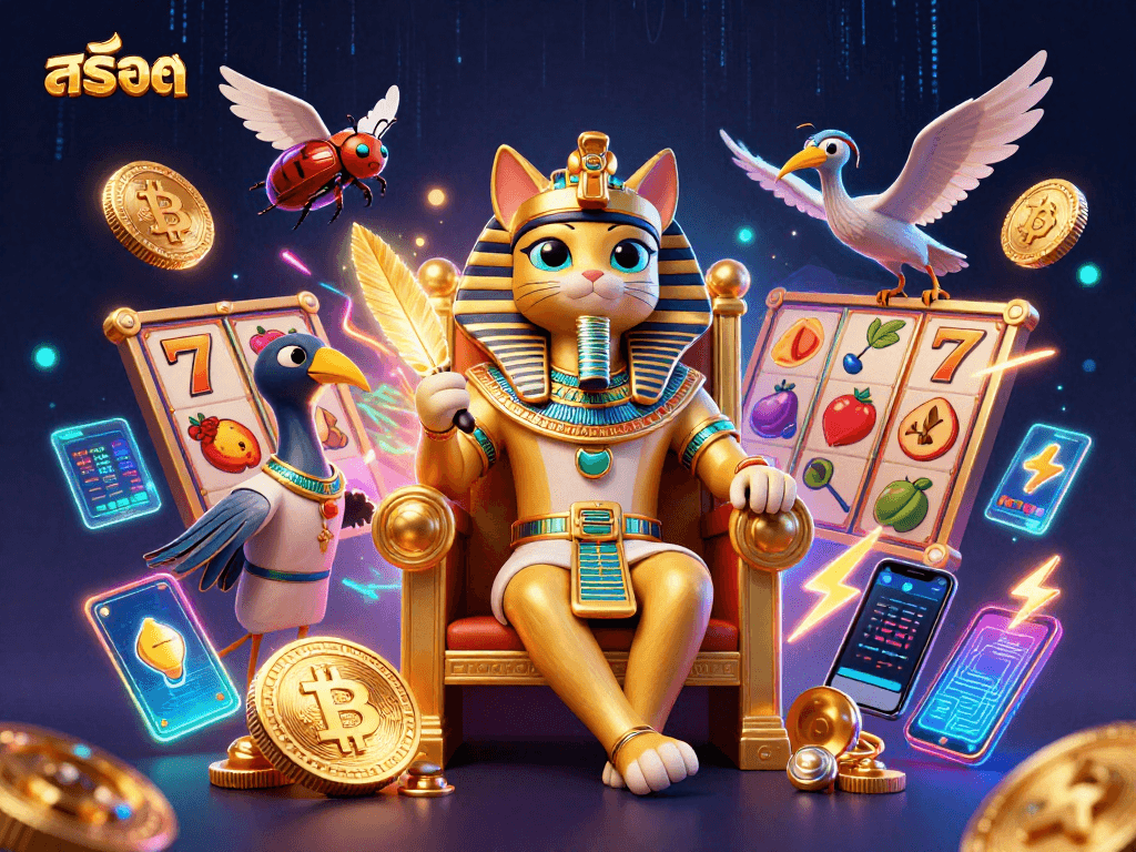 Spin สล็อต reels with vivid Egyptian pharaoh characters and dynamic crypto elements.
