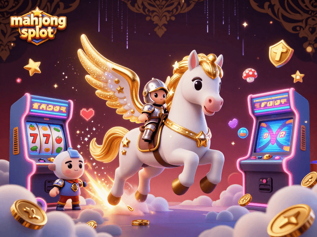 Experience the mahjong slot adventure with a 3D knight and celestial horse riding through a vibrant gaming atmosphere.
