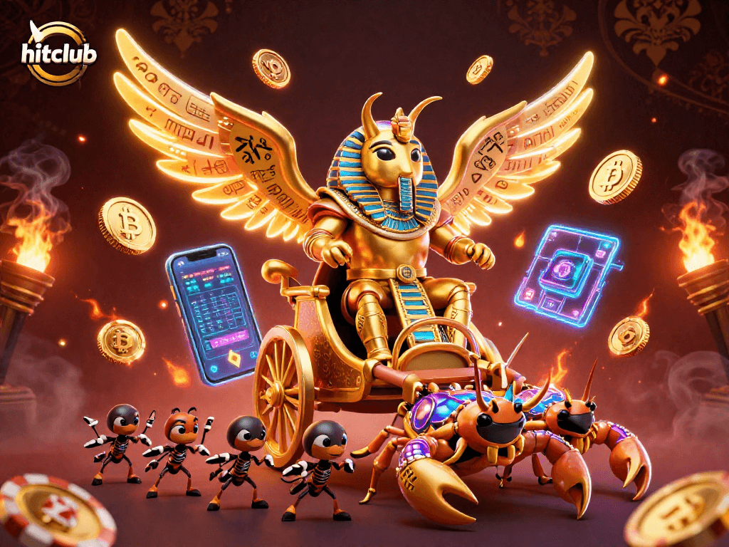 Engage with hitclub's vibrant gaming scene featuring a golden scarab and crypto treasures.