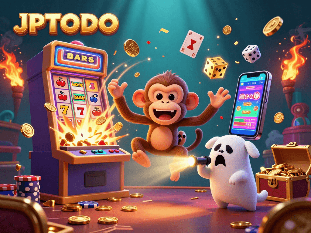 Experience the excitement of JPTOTO gaming with poltergeist monkey juggling golden casino treasures.