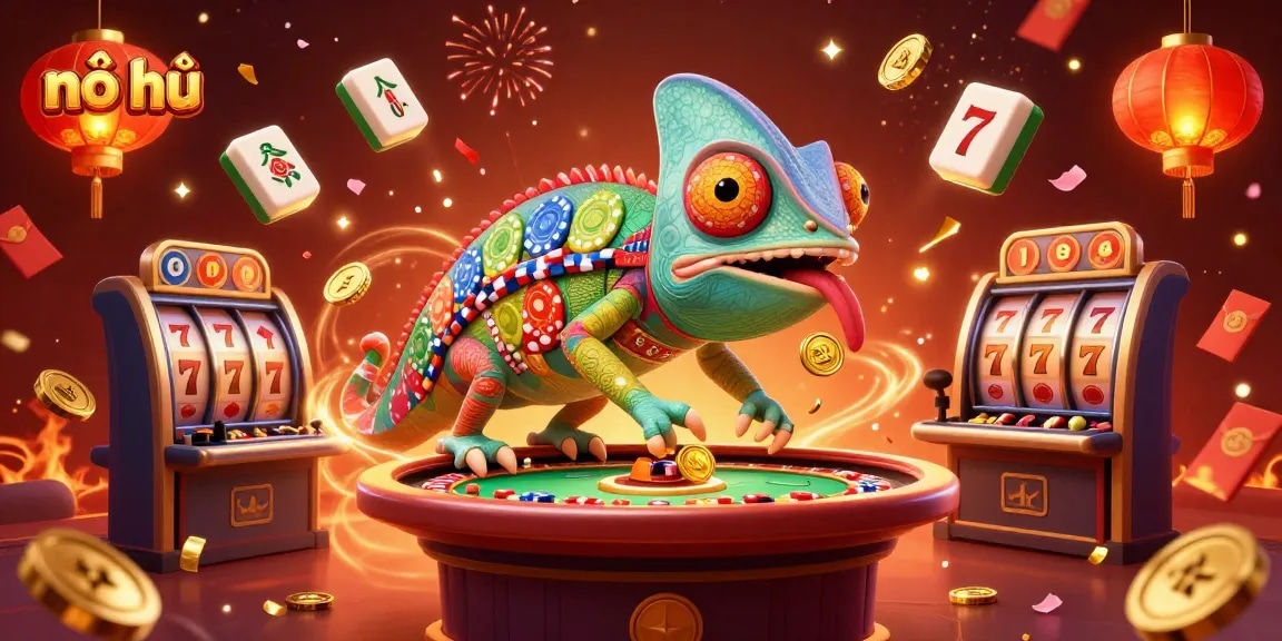 Engage in nổ hũ excitement with a vibrant 3D casino scene featuring colorful characters and dynamic game elements.