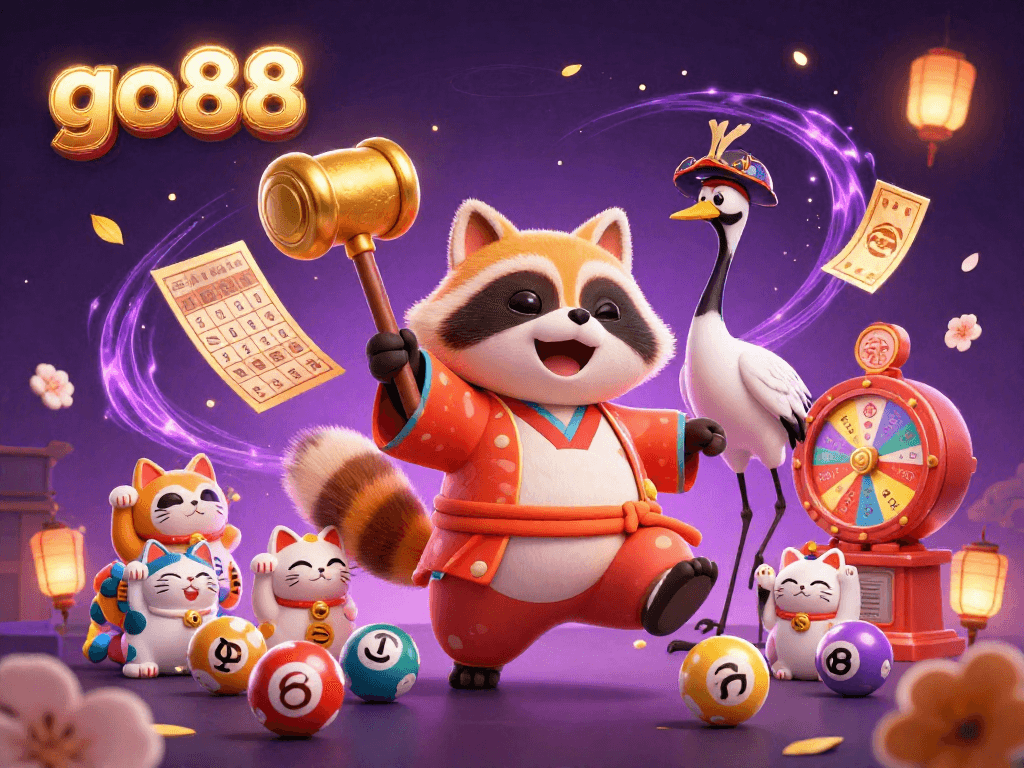 Engage with the vibrant go88 scene featuring a cheerful tanuki and lottery elements for luck and fun!