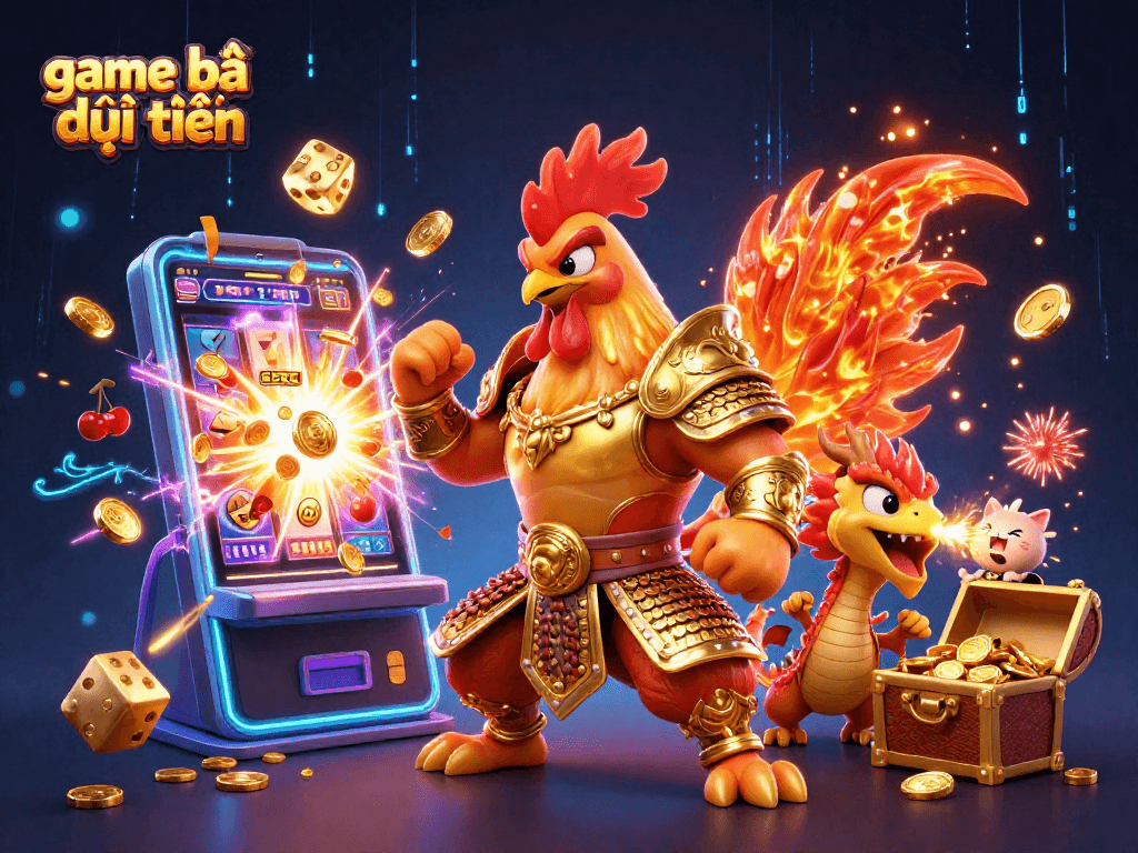Experience the thrill of game bài đổi thưởng with a dynamic casino scene featuring heroic characters and vibrant gaming elements.