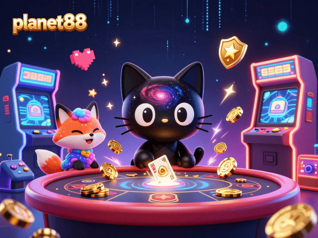 Engage with thrilling slots and jackpots at planet88, featuring vibrant casino characters and dynamic gaming elements.