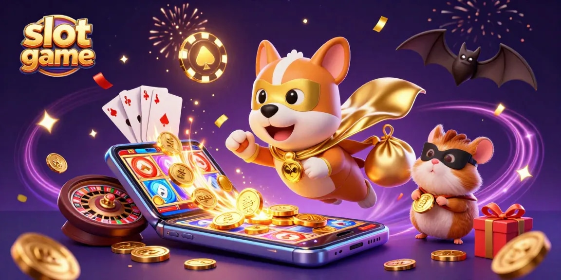 Engage in an exciting slot game with a superhero dog and sidekick in a vibrant casino scene.