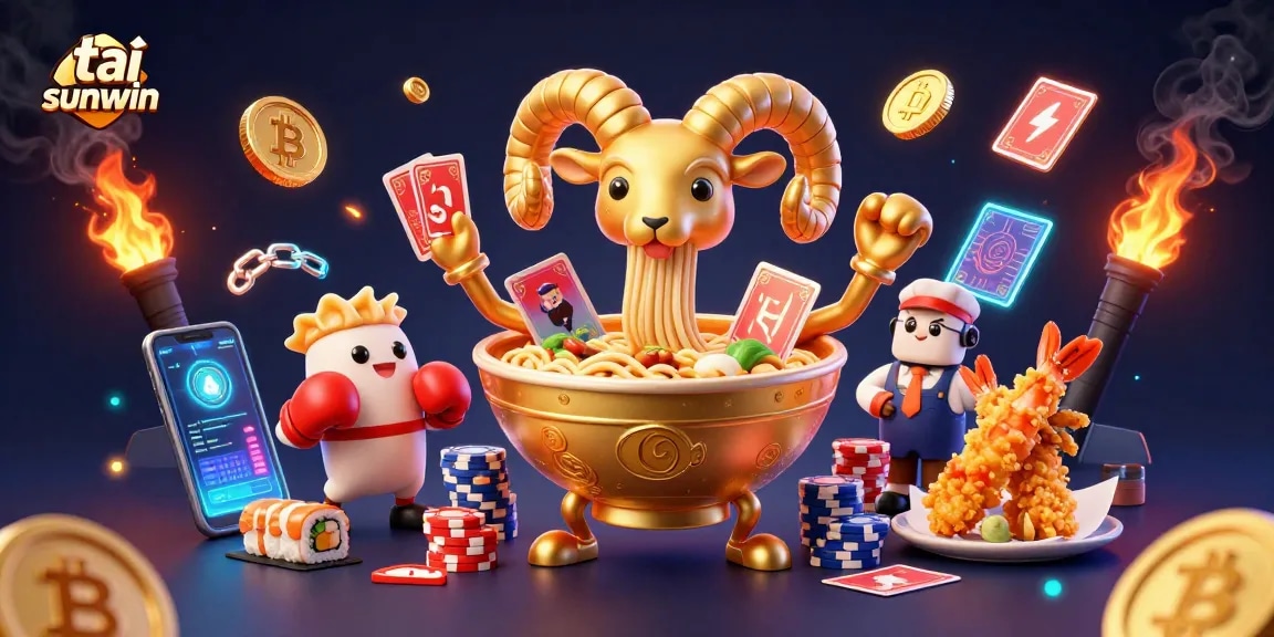Engage in lively gameplay with tài sunwin as a giant golden ramen bowl deals cards amid a colorful crypto scene.