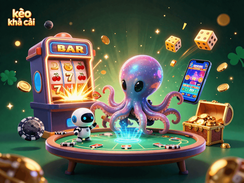 Engage in fun gaming thrills with kèo nhà cái as an alien octopus navigates a colorful casino universe.