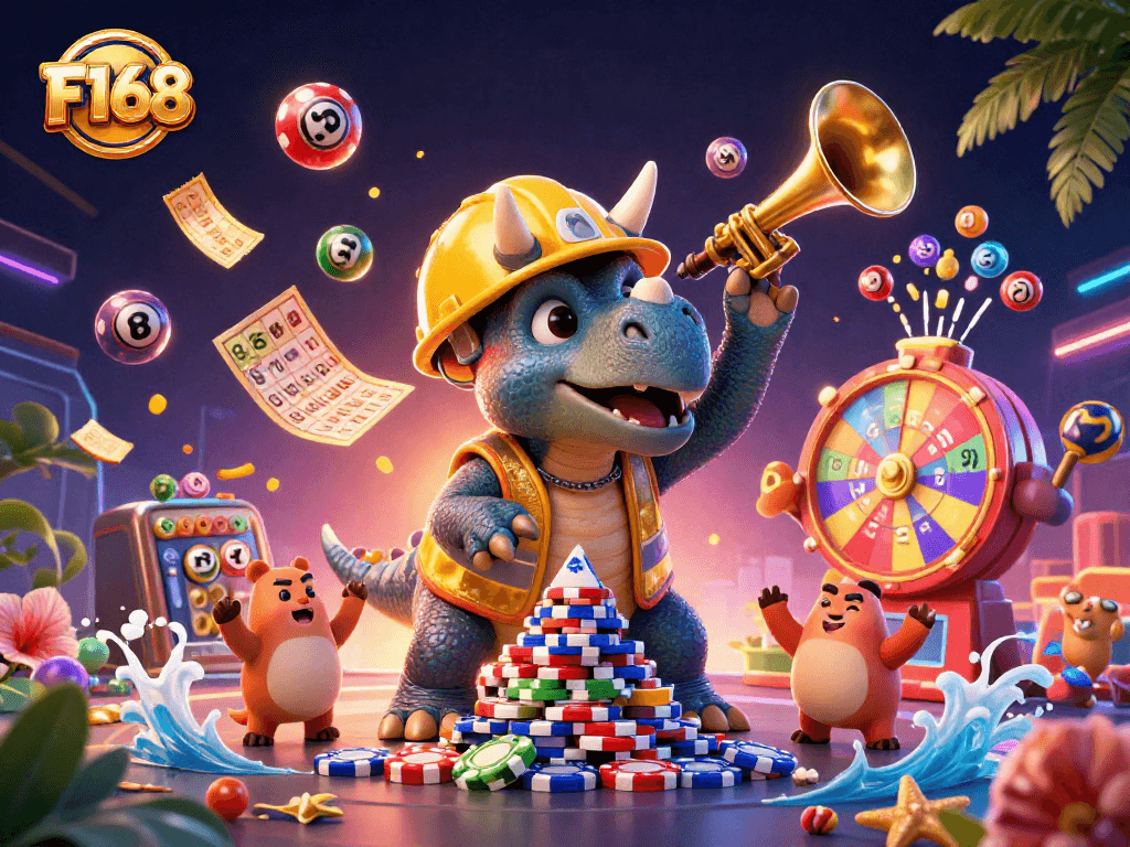 Experience thrilling moments with F168 in this vibrant casino scene filled with excitement and colorful elements.