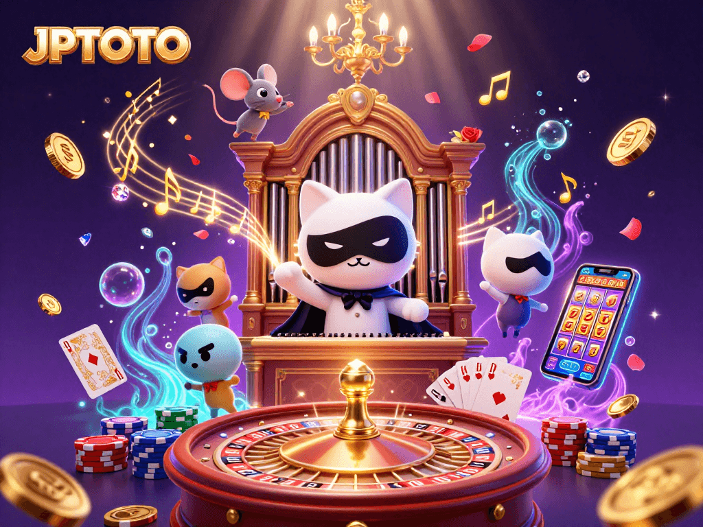 Engage with JPTOTO's captivating 3D casino scene featuring whimsical characters and dynamic game elements.