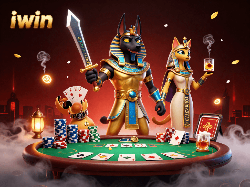 Engage with the iwin casino experience, showcasing Anubis and Bastet amidst poker elements and dynamic designs.