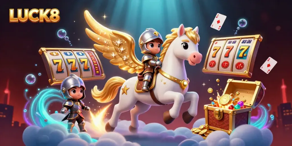 Experience the thrill of LUCK8 with a vibrant scene showcasing a celestial horse and jackpot reels in an immersive casino-themed world.