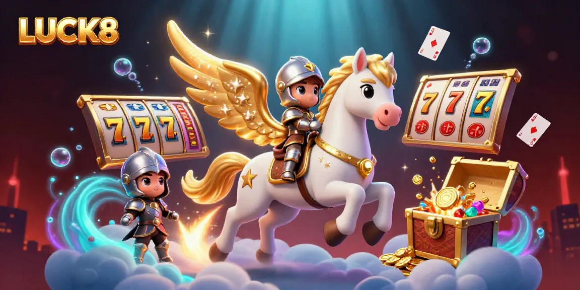 Experience the thrill of LUCK8 with a vibrant scene showcasing a celestial horse and jackpot reels in an immersive casino-themed world.