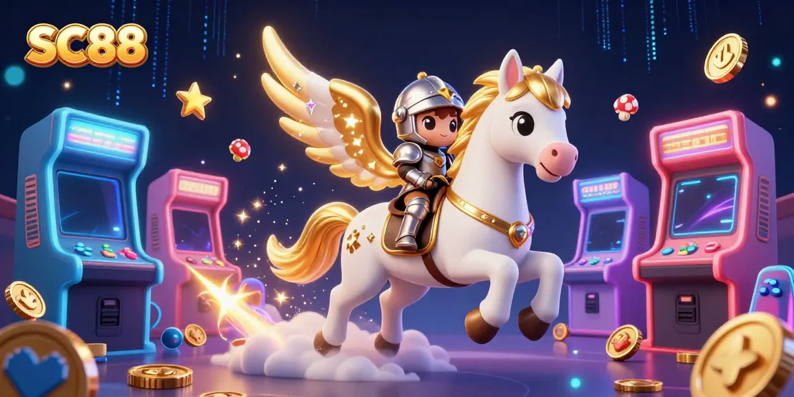 Engage with SC88's glamorous casino scene featuring a celestial horse and knight amid colorful arcade games.