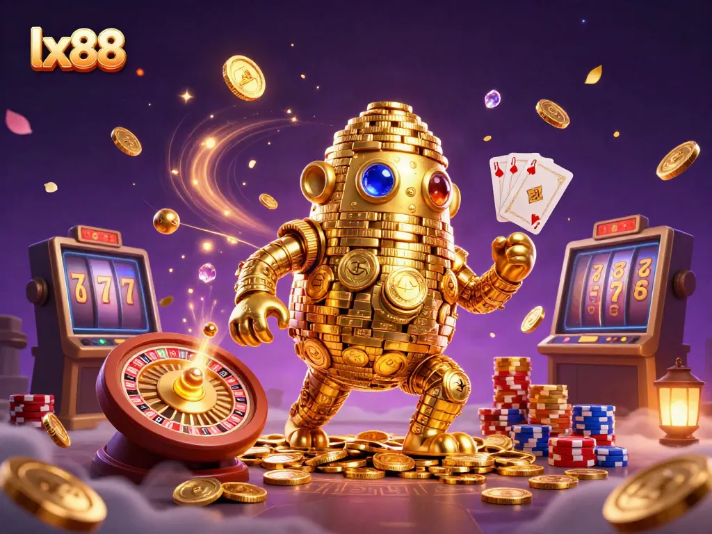 Experience the excitement of lx88 with a golden golem, cascading coins, and a dynamic casino scene.