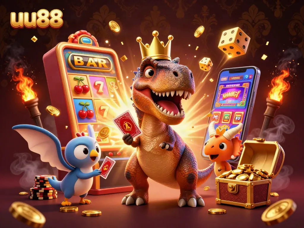 Experience dynamic gambling fun at uu88 with slot machines, cards, and animated characters in an exciting casino scenario.