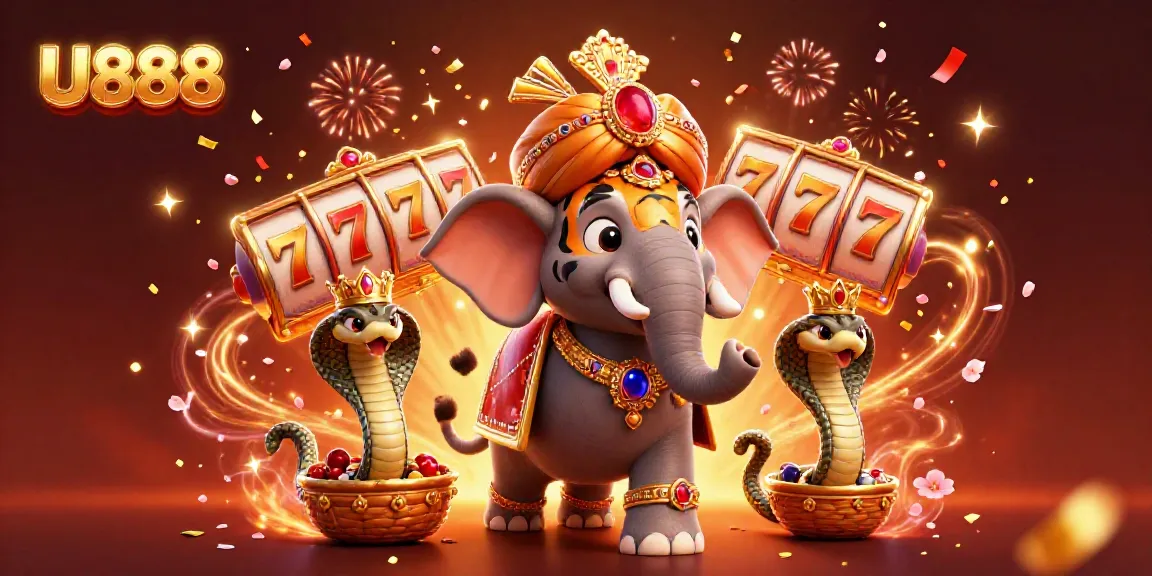 Experience the thrills of U888 with a vibrant 3D casino scene featuring lucky symbols