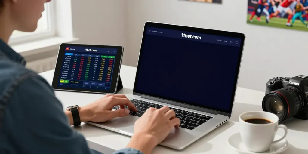 Engaging user betting on 11bet.com with laptop and smartphone at a modern workspace.