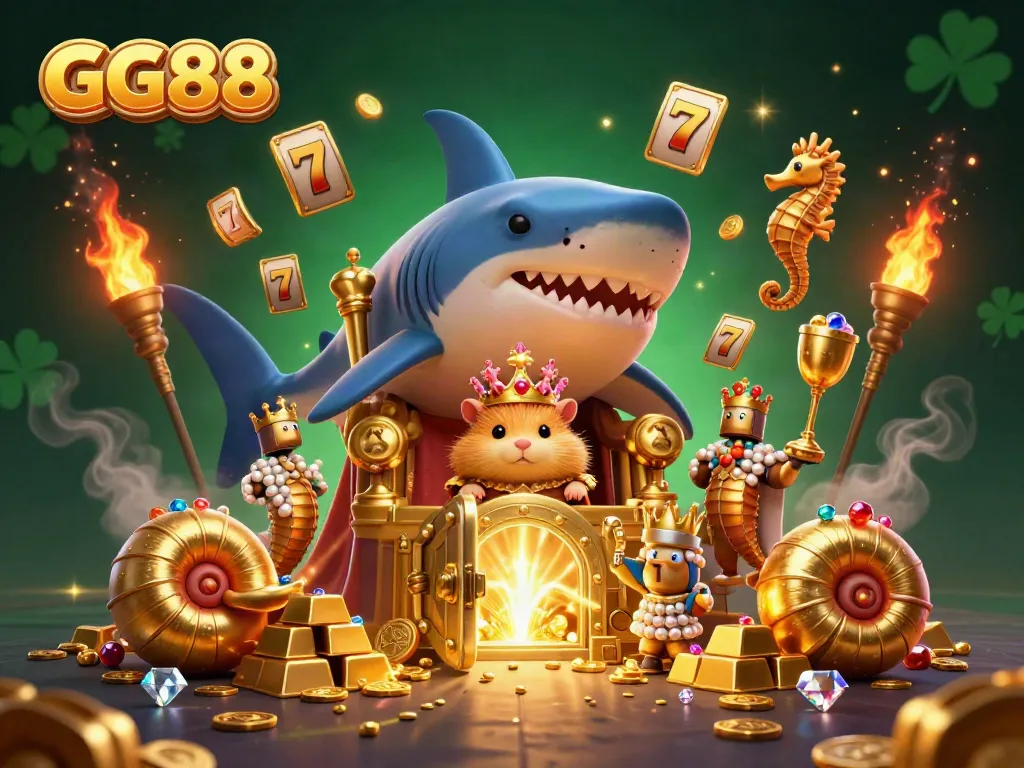Experience the excitement of GG88, where a golden hamster king rules in a treasure-filled, dynamic casino scene.