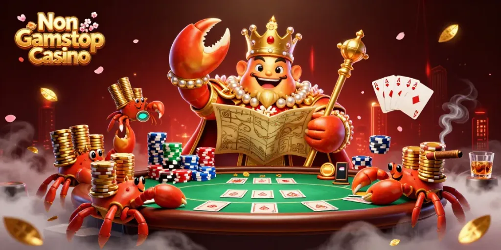 Engage in thrilling gameplay at Non Gamstop Casino amidst an artistic scene featuring a golden crab emperor and poker elements.