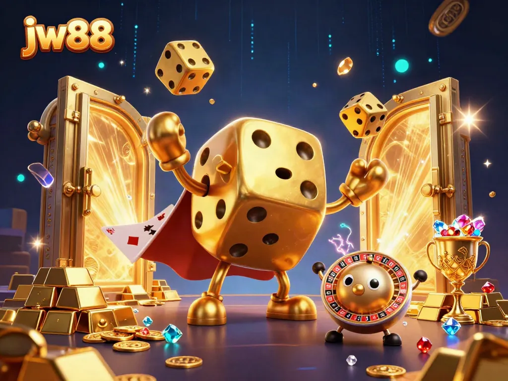 Experience thrilling gameplay at jw88 with a vibrant 3D illustration of casino characters and treasures.