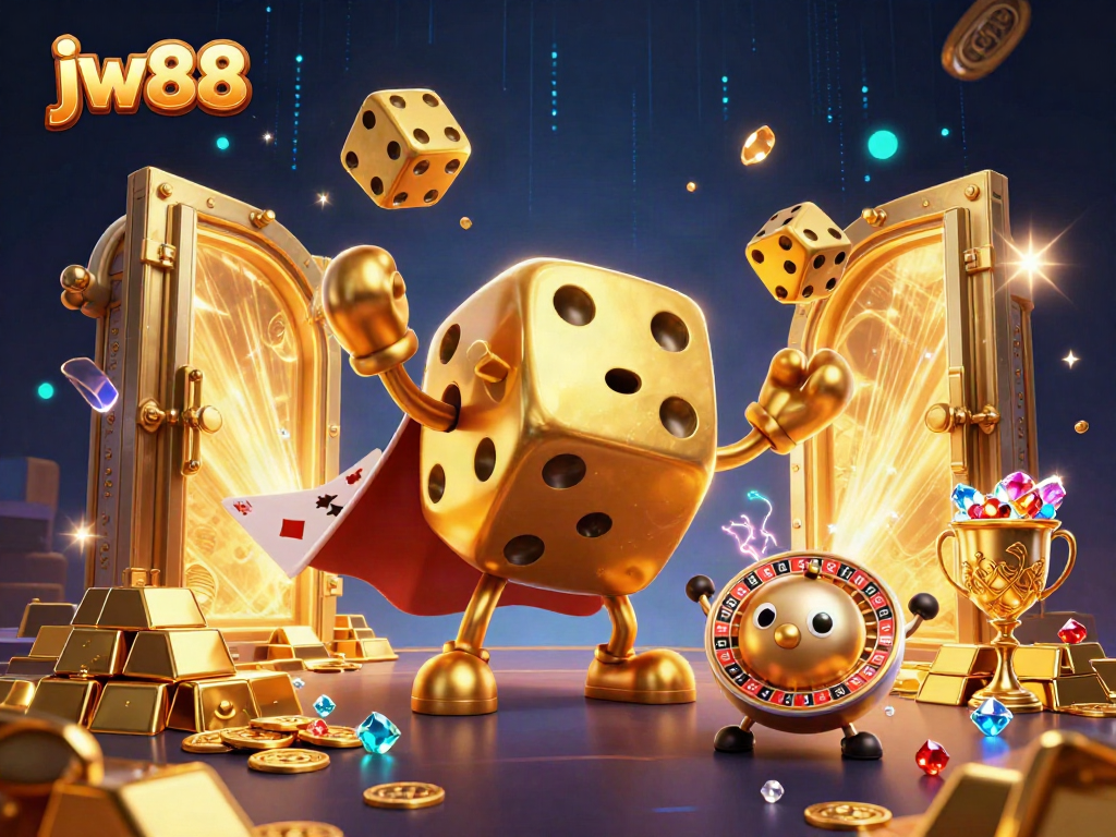 Experience thrilling gameplay at jw88 with a vibrant 3D illustration of casino characters and treasures.