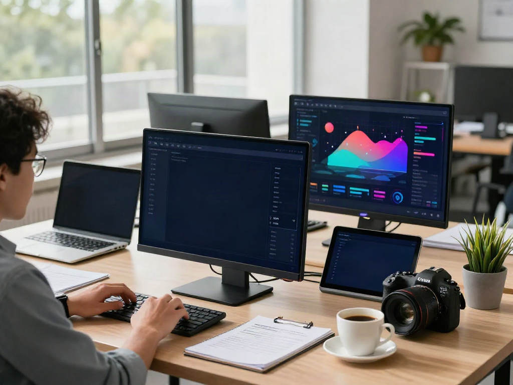 SEO specialist in a modern workspace exploring instant indexing data and performance metrics.