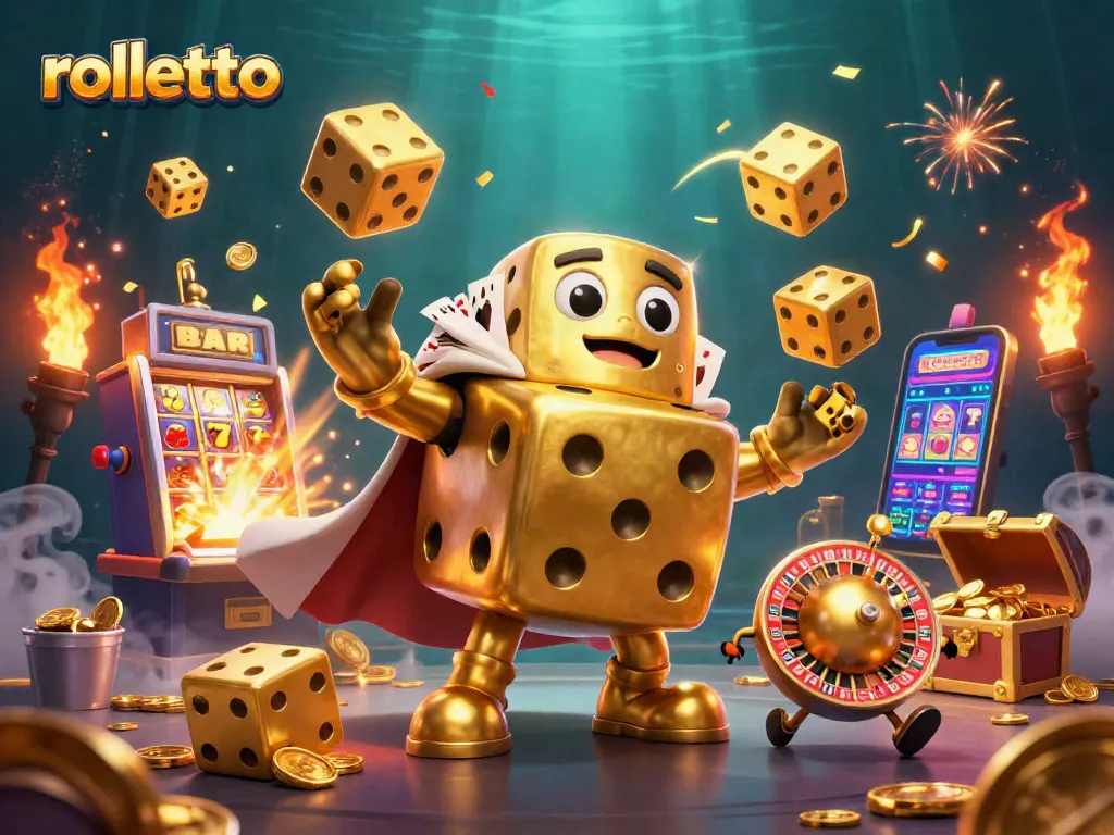 Win big at rolletto with golden dice golem and dynamic casino scene featuring jackpot slots.