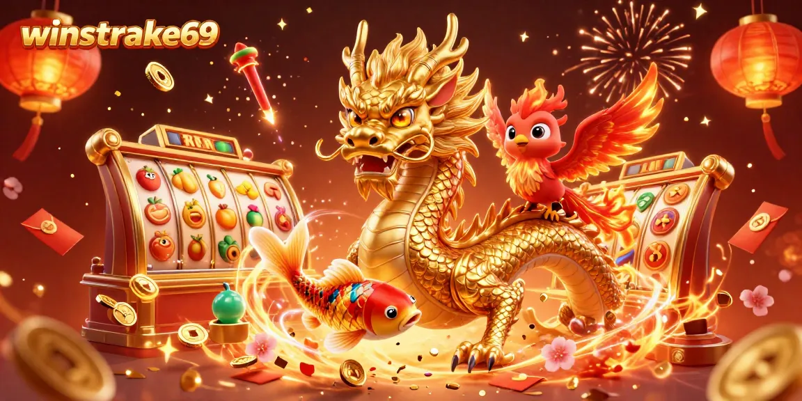 Experience the power of winstrike69 with dynamic casino scenes featuring a golden dragon and vibrant symbols.