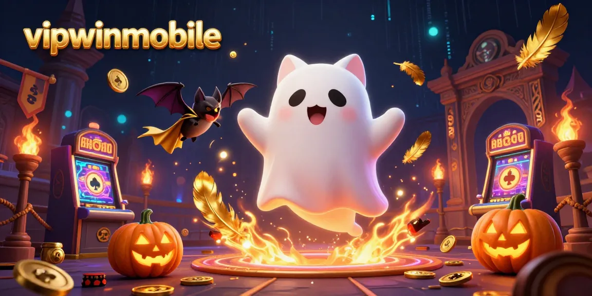 Experience thrilling gaming with vipwinmobile's animated ghost cat and bat companions in a charming casino scene.