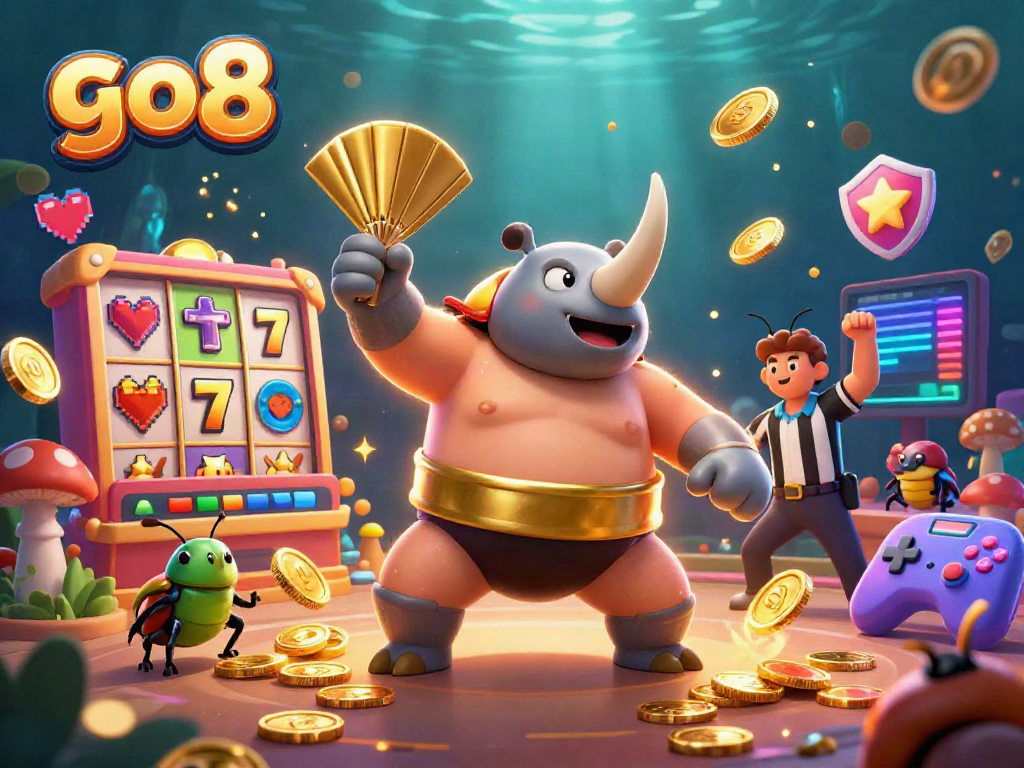Experience exciting gameplay on go8 with a dynamic sumo beetle champion amidst vibrant slots.