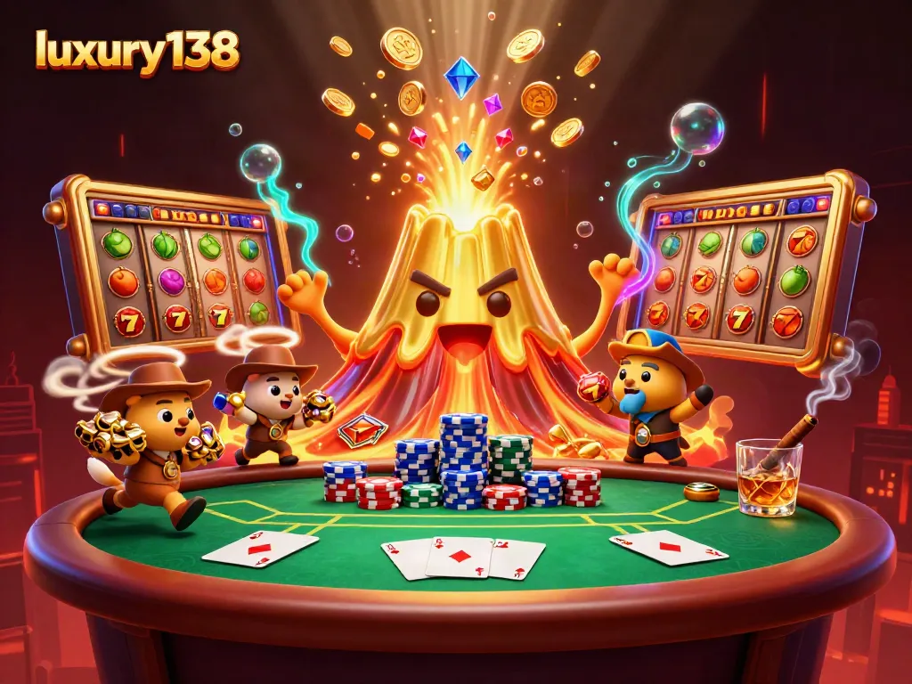 Win big with luxury138 while experiencing the thrill of a golden volcano erupting treasures in this vibrant casino scene.