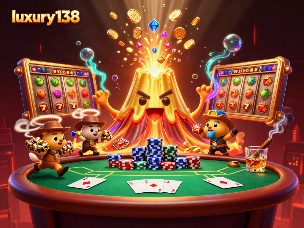 Win big with luxury138 while experiencing the thrill of a golden volcano erupting treasures in this vibrant casino scene.