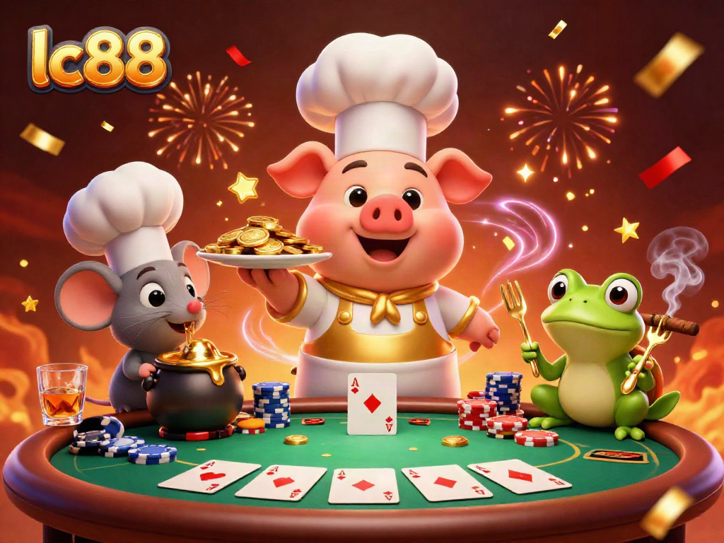 Experience the vibrant lc88 casino scene with a 3D chef pig and gold coins, revealing exciting gaming action.