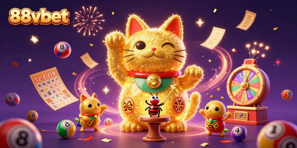 Engage in fun with 88vbet featuring a giant lucky cat, vibrant casino elements, and festive confetti.