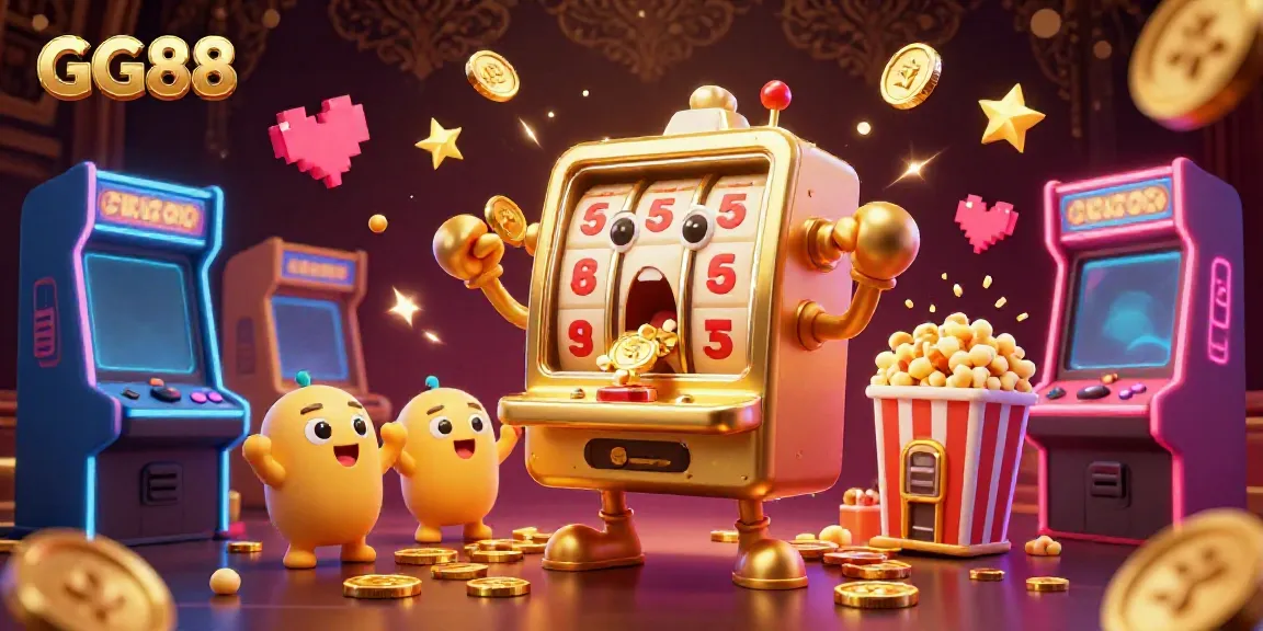 Celebrate with GG88 as the golden slot machine hits the jackpot, coins pouring joyfully.