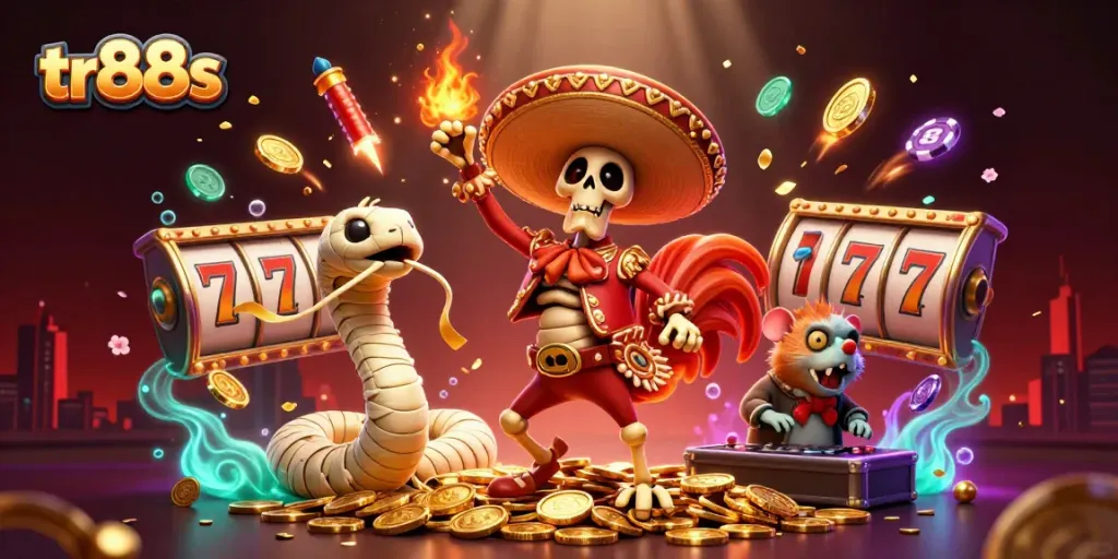 Experience the thrill of tr88s with a 3D gathering of characters celebrating around golden coins and slot reels.