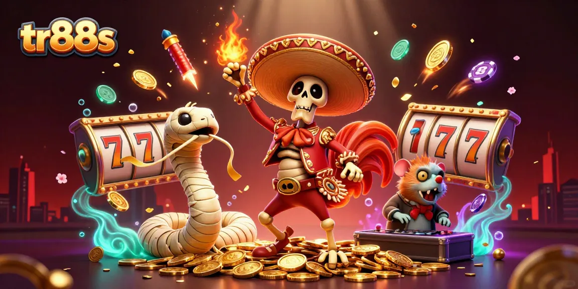 Experience the thrill of tr88s with a 3D gathering of characters celebrating around golden coins and slot reels.