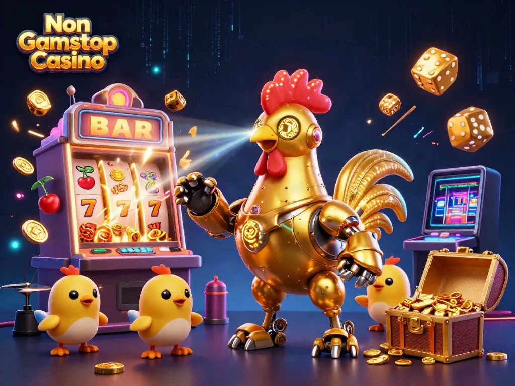 Experience thrilling action at Non Gamstop Casino with a dynamic illustration of a golden rooster robot and adorable chick drones!