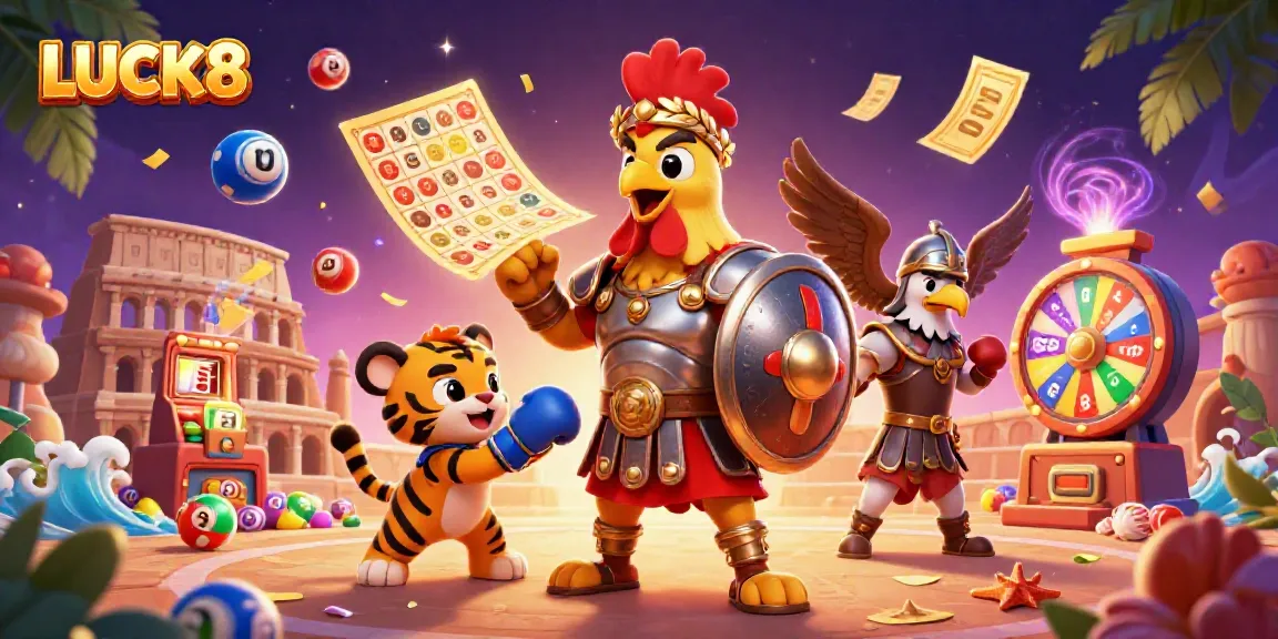 LUCK8 creates excitement with a colorful dynamic scene featuring a rooster gladiator and vibrant lottery elements.